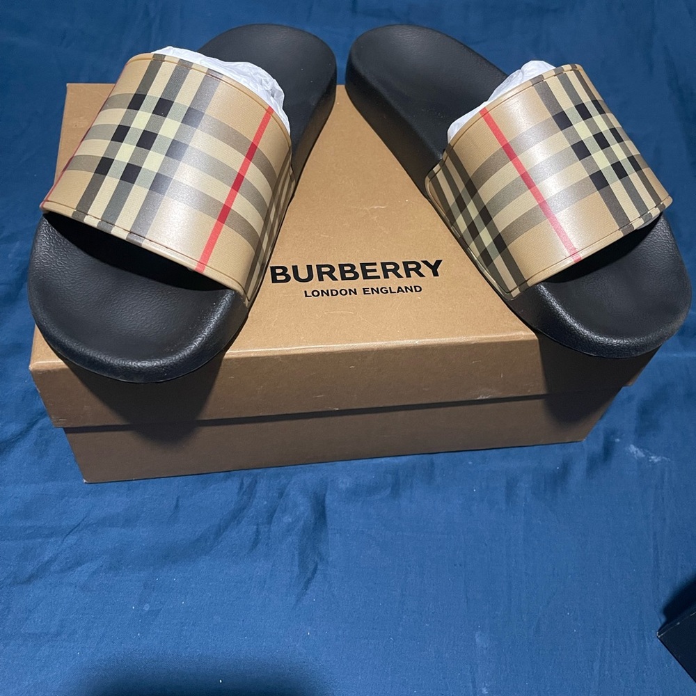 Burberry Beige and Black Check Slides